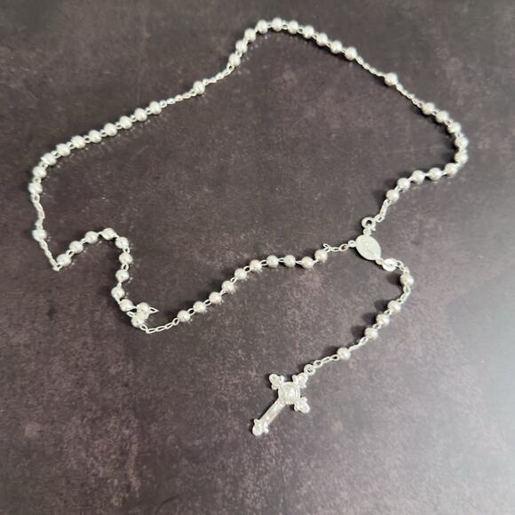 20in Long Rosary Beads Necklace Solid 925 Sterling Silver ITALY 4.8mm-NEW - Picture 1 of 13